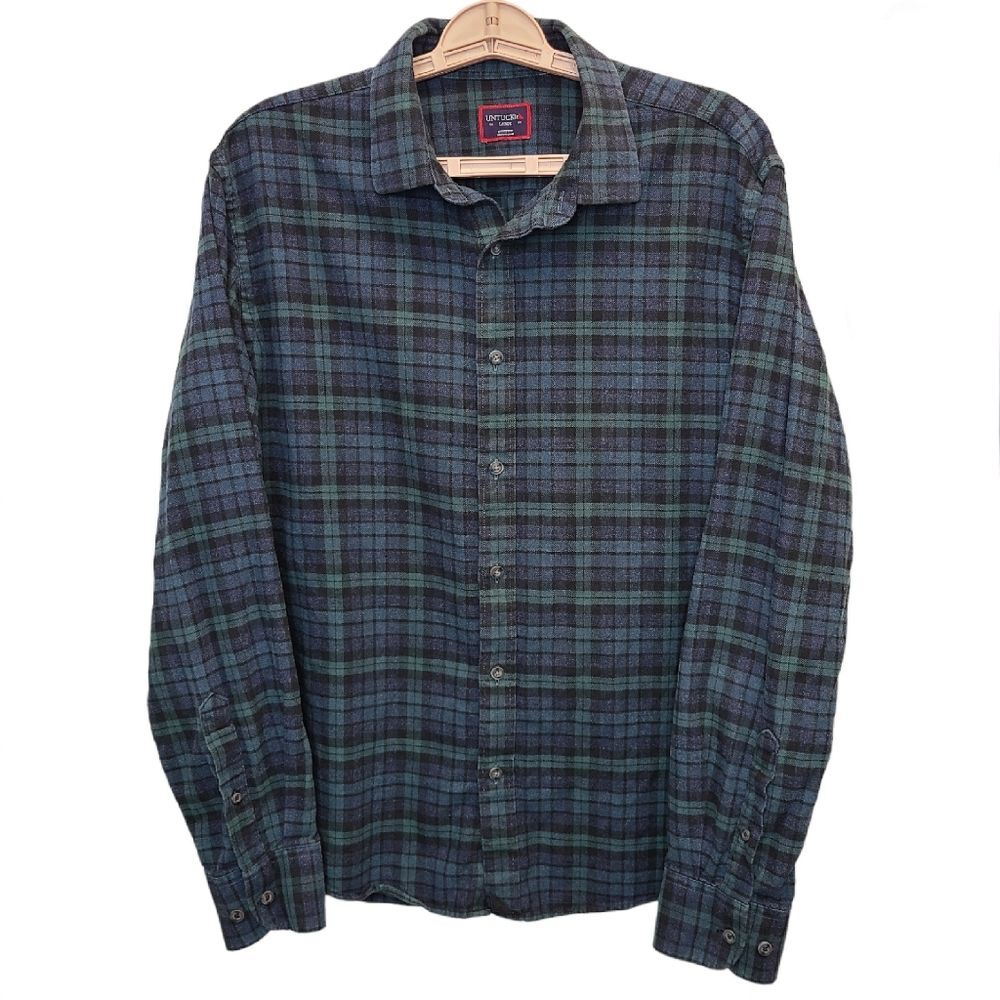 UNTUCKit Vallone Mens L Plaid Flannel Cotton Long Sleeve Button Shirt Green Blue